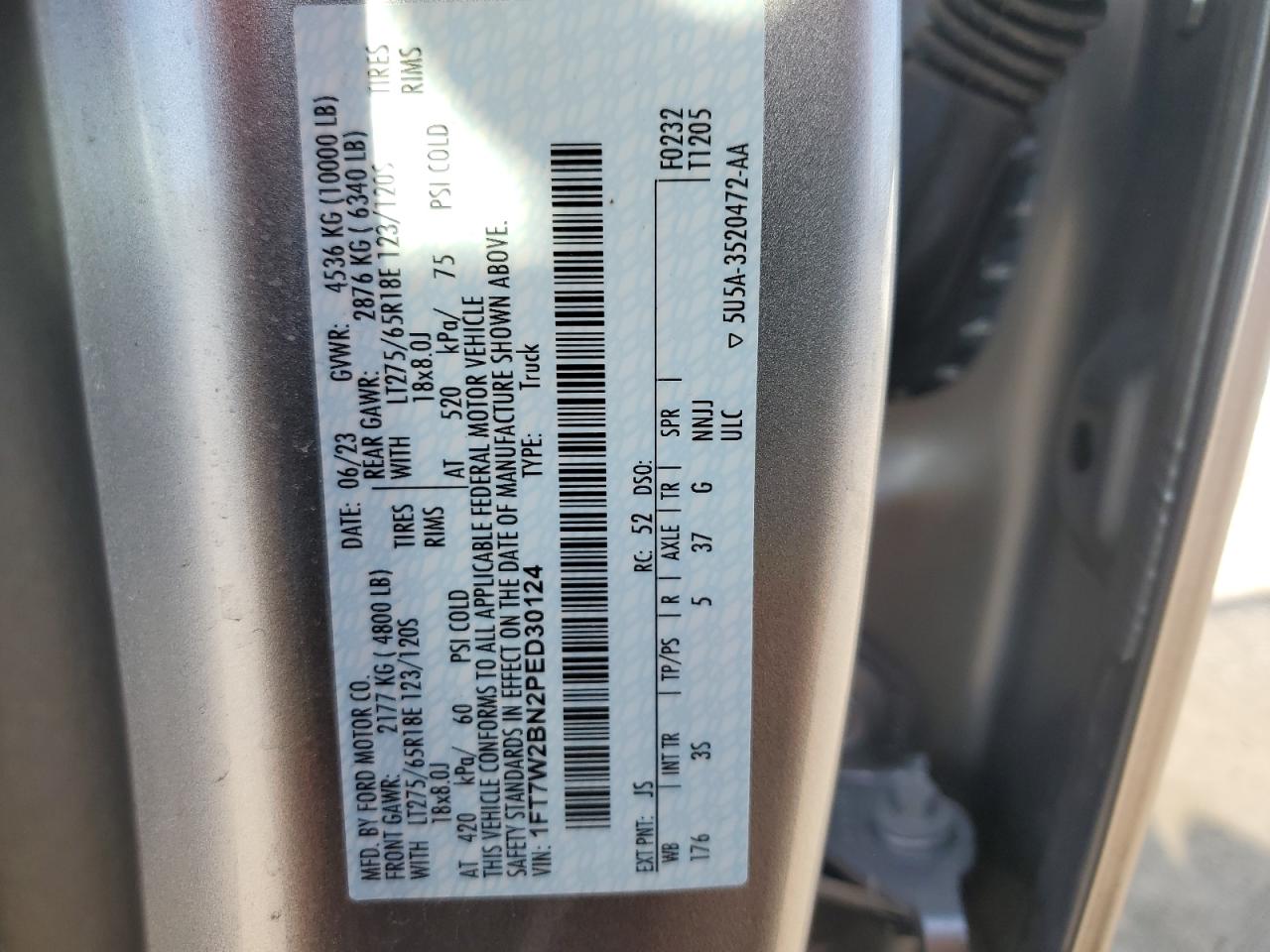 2023 FORD F250 SUPER DUTY VIN:1FT7W2BN2PED30124