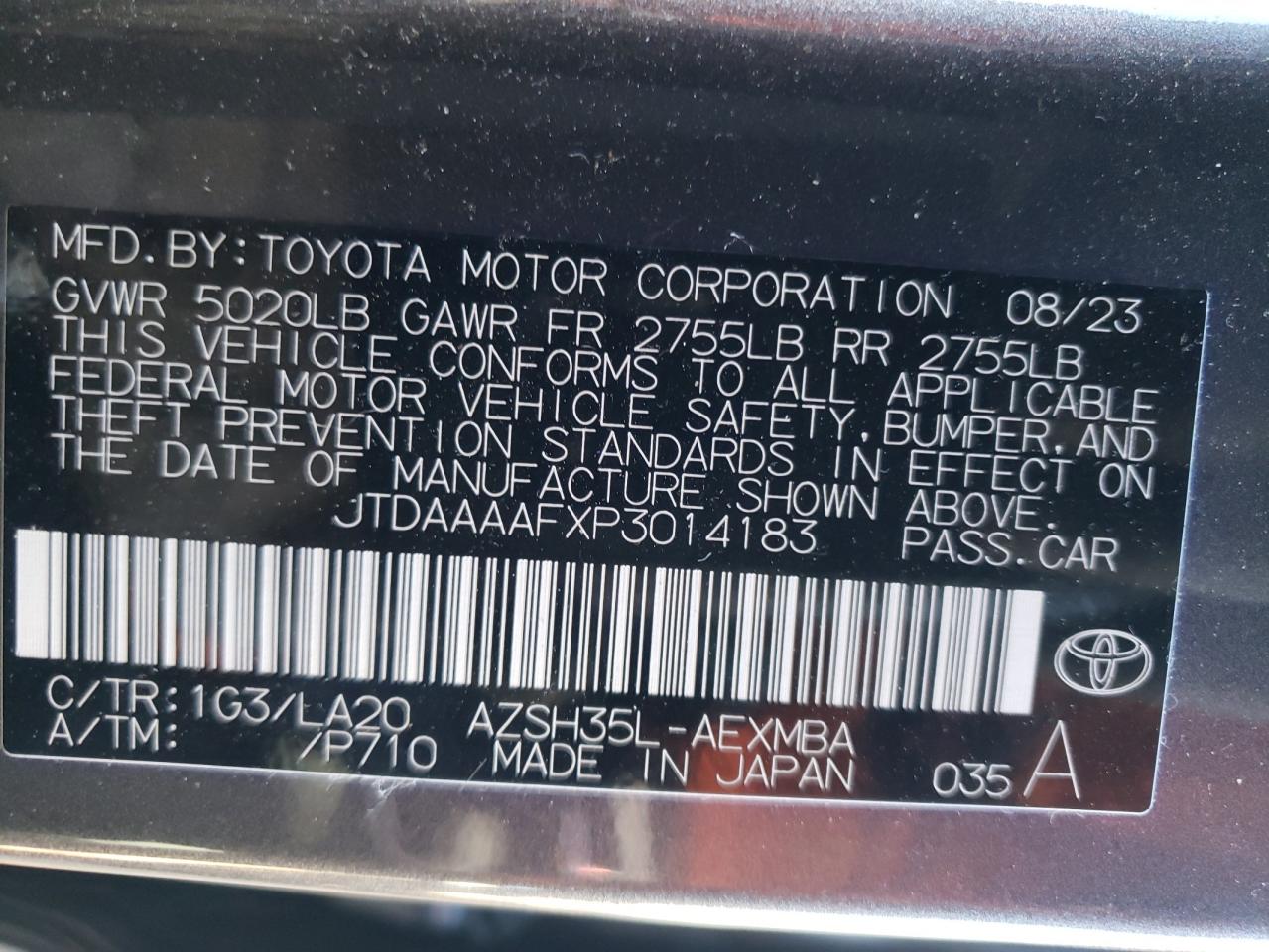 2023 TOYOTA CROWN XLE VIN:JTDAAAAFXP3014183