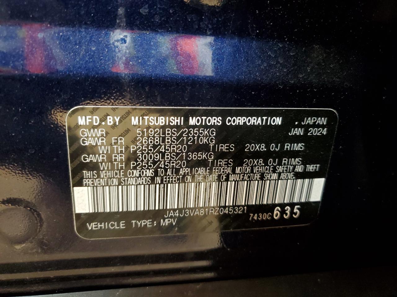 2024 MITSUBISHI OUTLANDER SE VIN:JA4J3VA81RZ045321