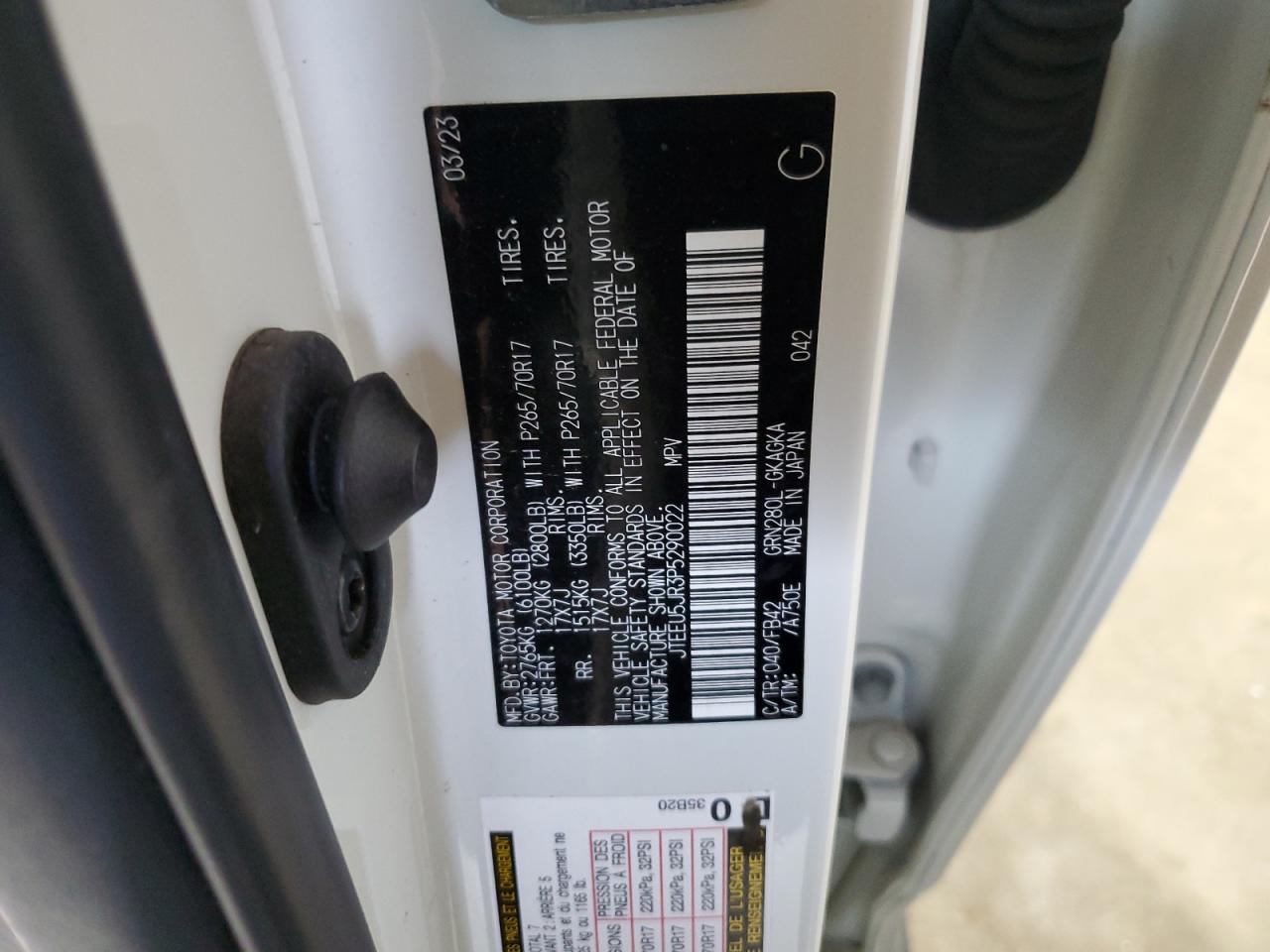 2023 TOYOTA 4RUNNER SR5 VIN:JTEEU5JR3P5290022