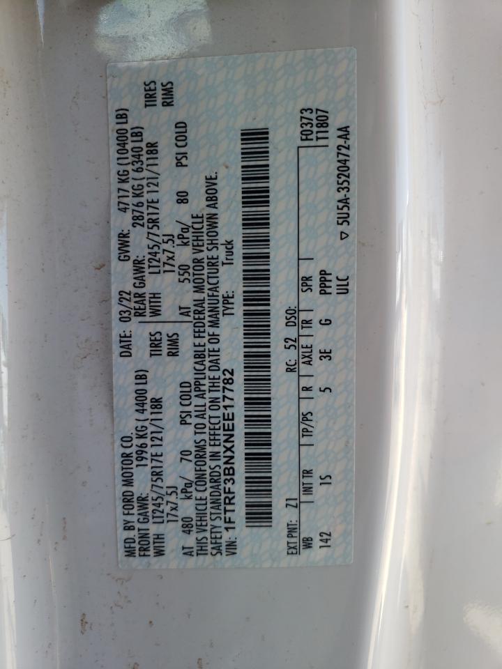 2022 FORD F350 SUPER DUTY VIN:1FTRF3BNXNEE17782