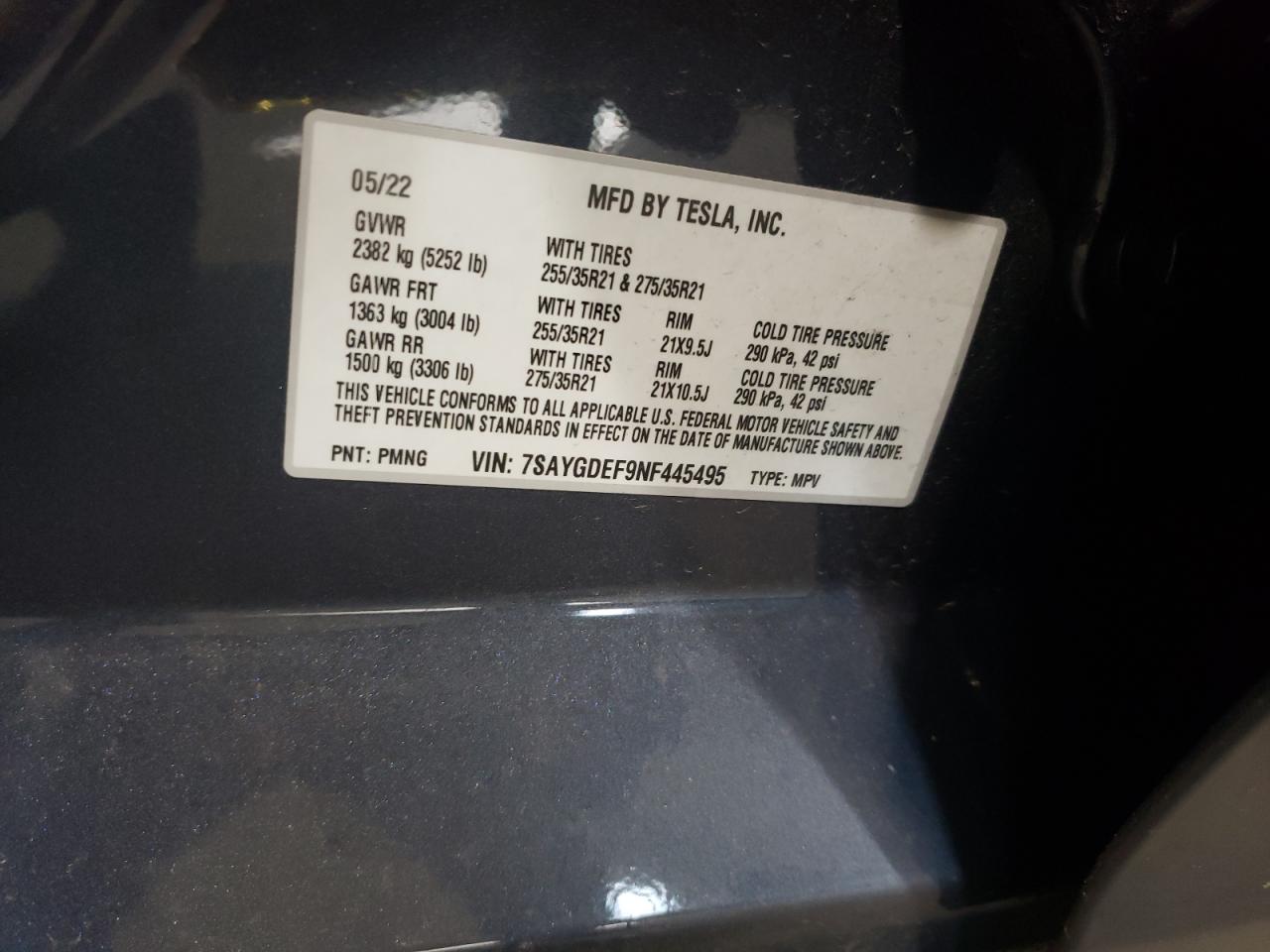 2022 TESLA MODEL Y  VIN:7SAYGDEF9NF445495