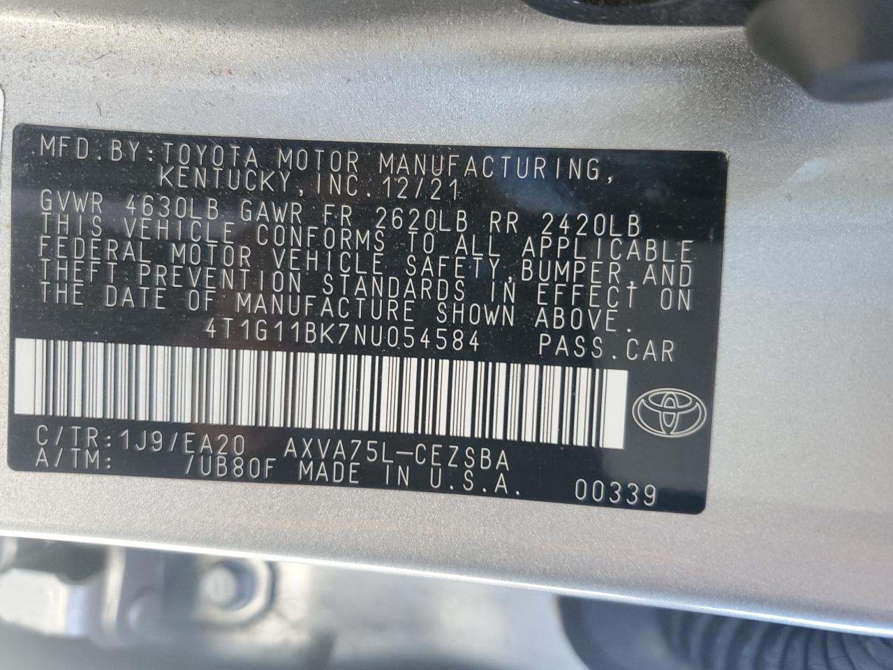 2022 TOYOTA CAMRY SE VIN:4T1G11BK7NU054584