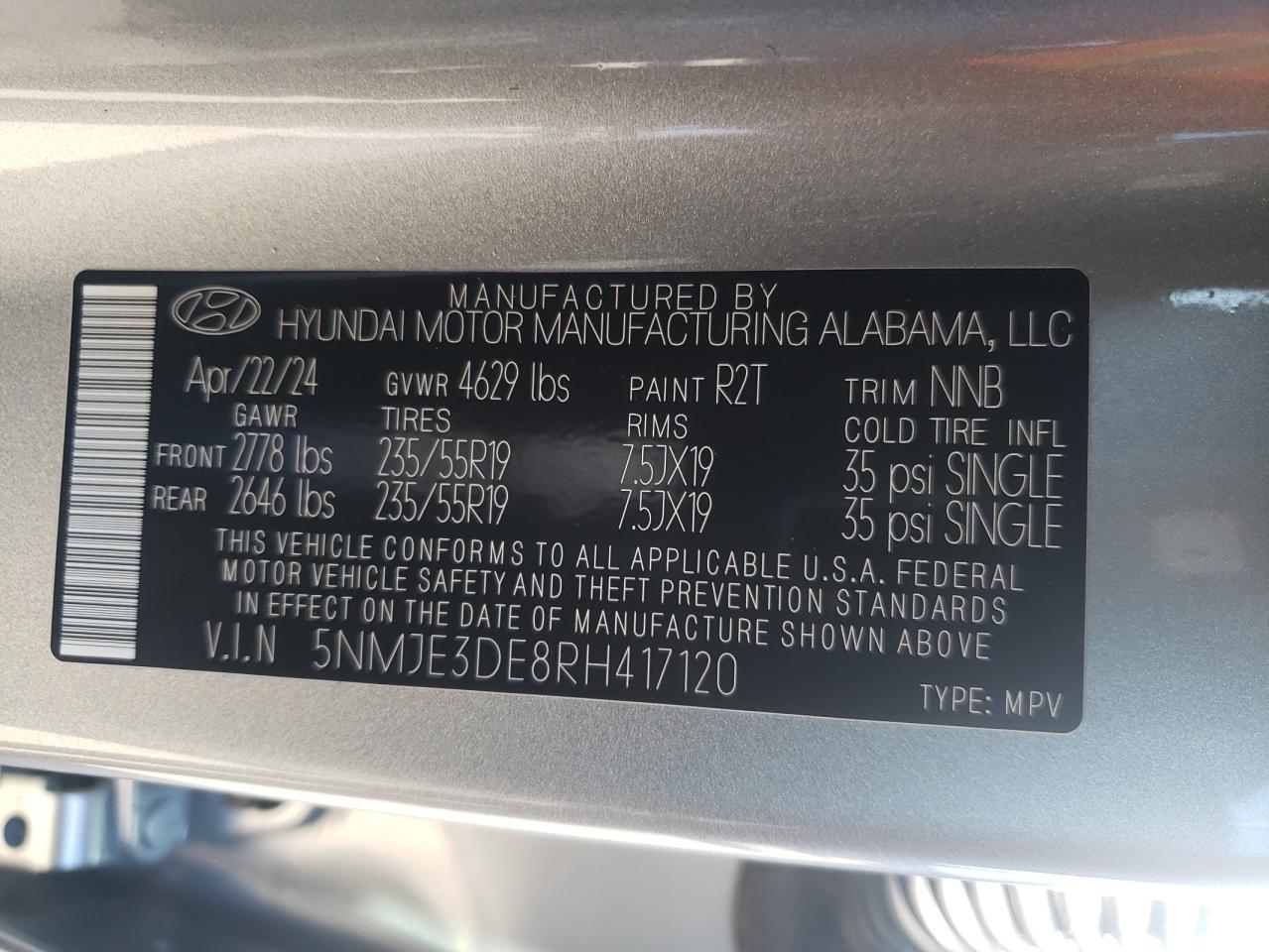 2024 HYUNDAI TUCSON LIMITED VIN:5NMJE3DE8RH417120