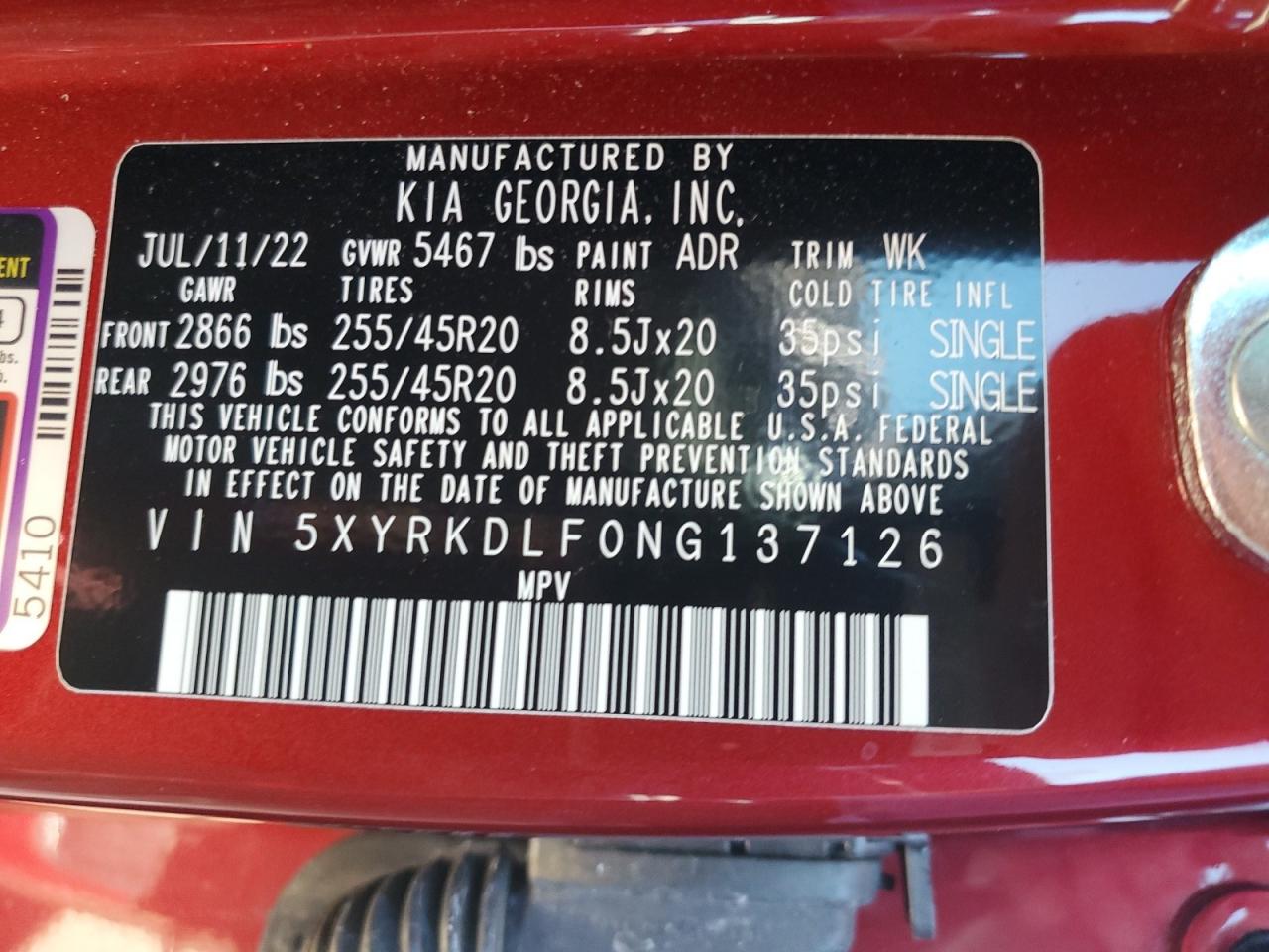 2022 KIA SORENTO SX VIN:5XYRKDLF0NG137126