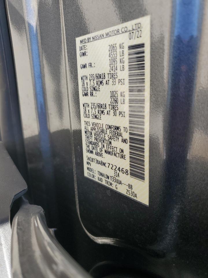 2022 NISSAN ROGUE SV VIN:5N1BT3BA8NC722468