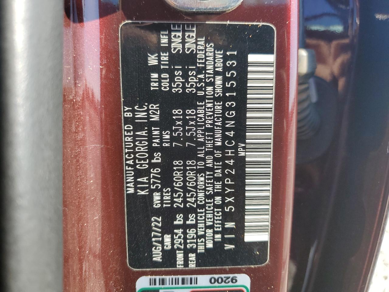 2022 KIA TELLURIDE LX VIN:5XYP24HC4NG315531