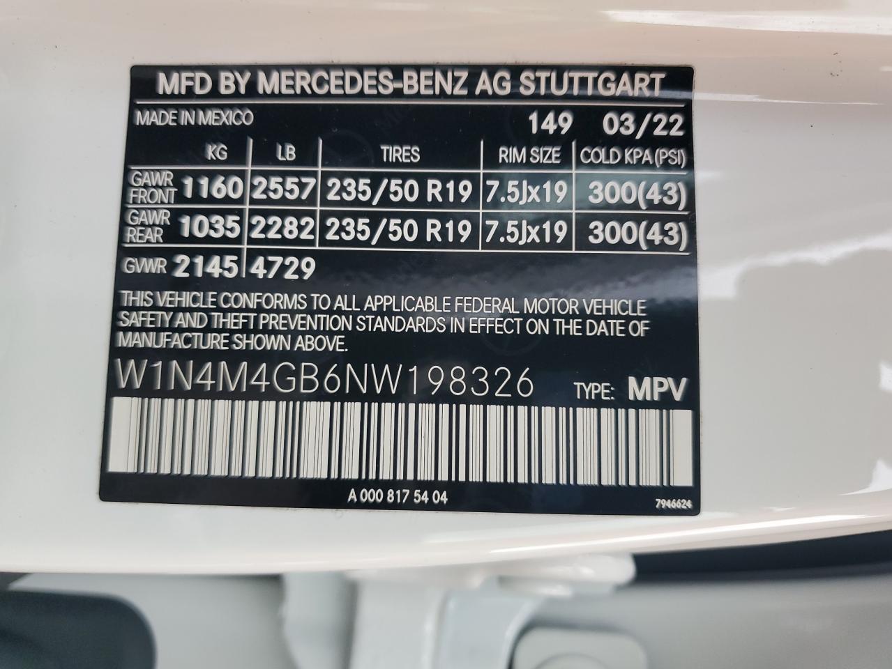 2022 MERCEDES-BENZ GLB 250 VIN:W1N4M4GB6NW198326