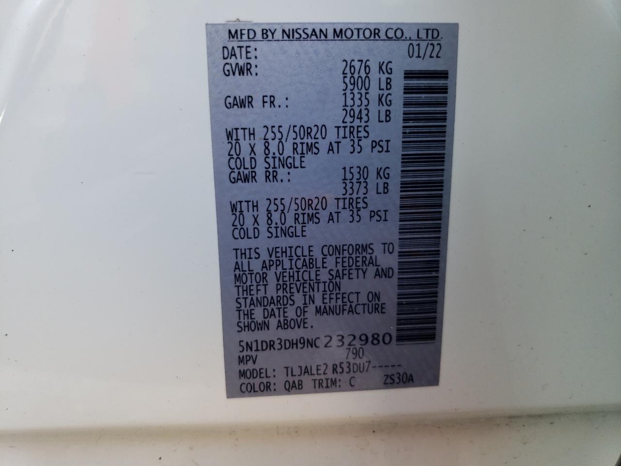 2022 NISSAN PATHFINDER PLATINUM VIN:5N1DR3DH9NC232980