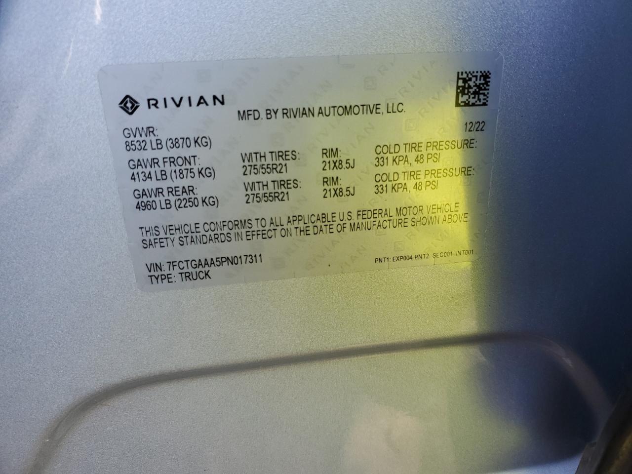 2023 RIVIAN R1T ADVENTURE VIN:7FCTGAAA5PN017311