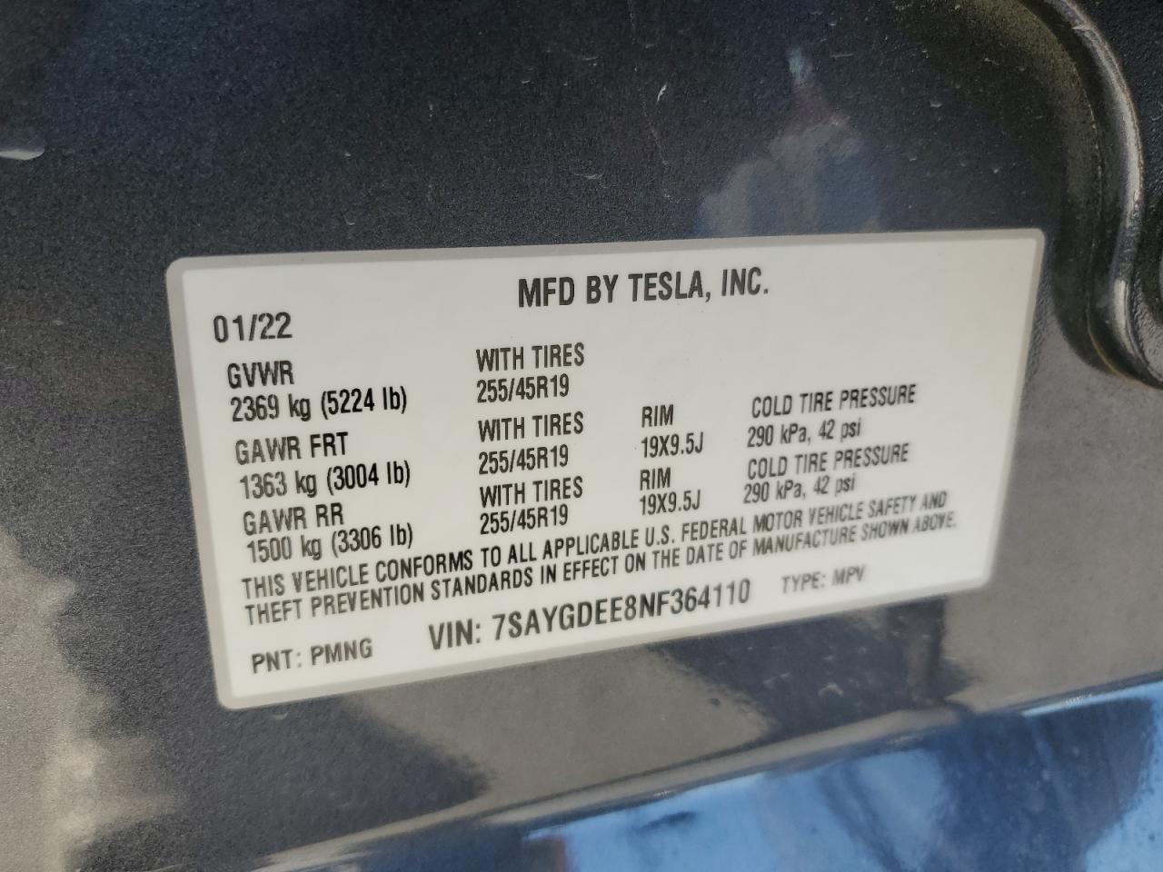 2022 TESLA MODEL Y  VIN:7SAYGDEE8NF364110