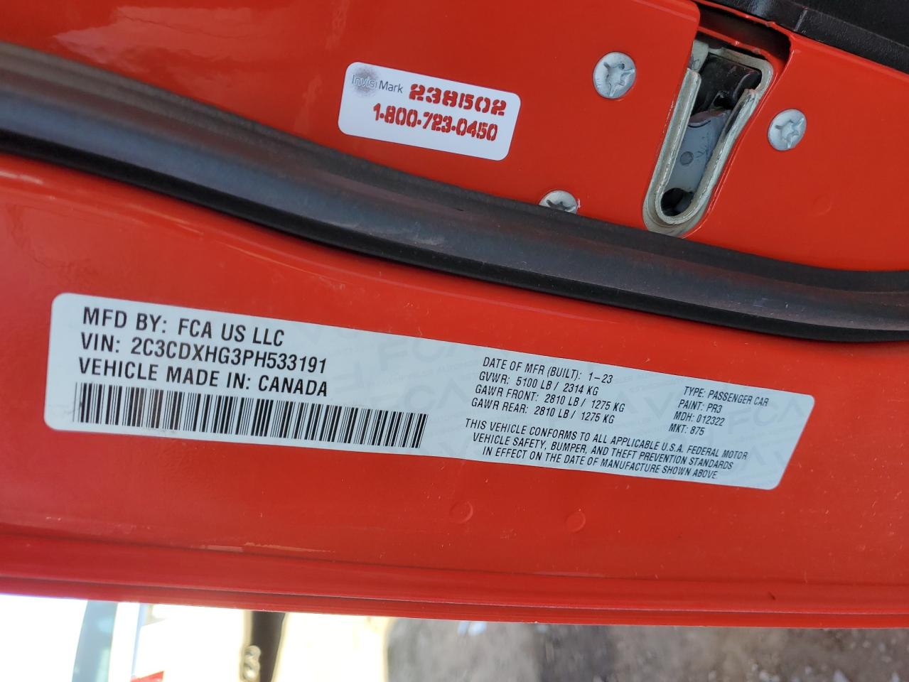 2023 DODGE CHARGER GT VIN:2C3CDXHG3PH533191