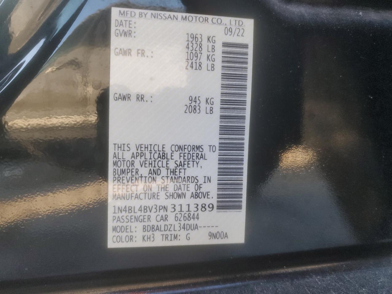 2023 NISSAN ALTIMA S VIN:1N4BL4BV3PN311389