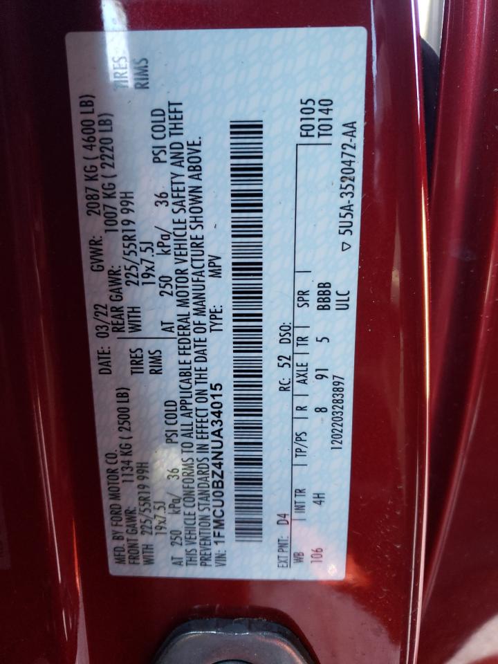 2022 FORD ESCAPE SE VIN:1FMCU0BZ4NUA34015