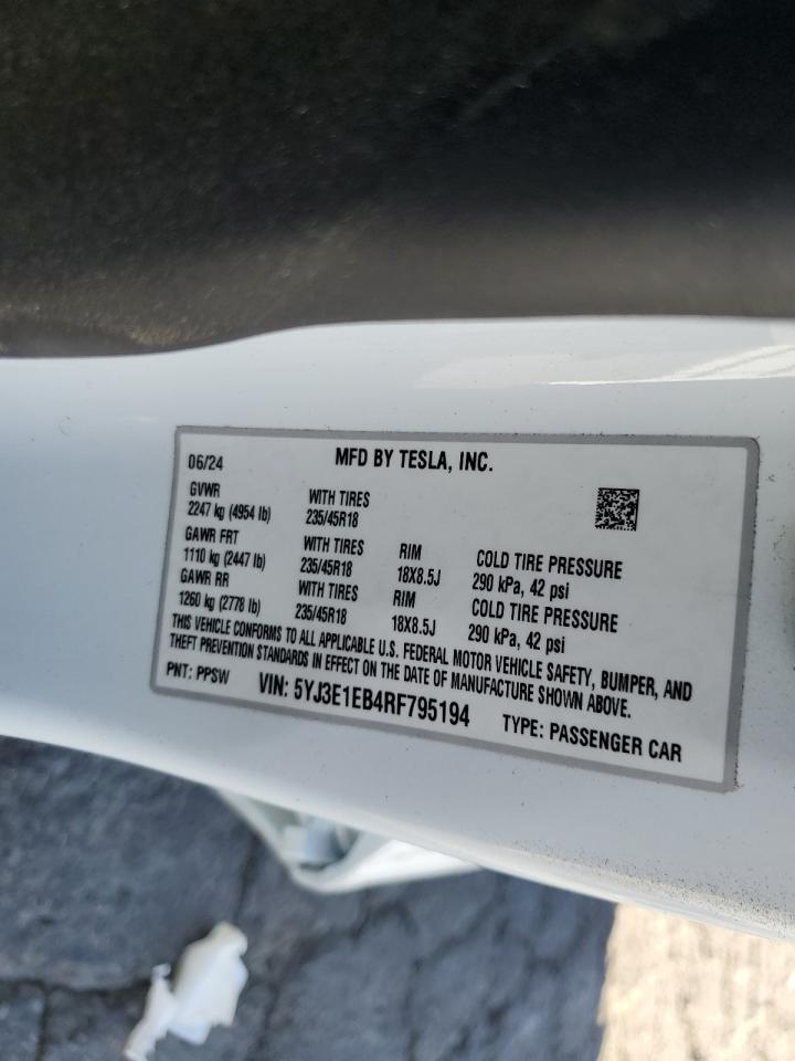 2024 TESLA MODEL 3  VIN:5YJ3E1EB4RF795194