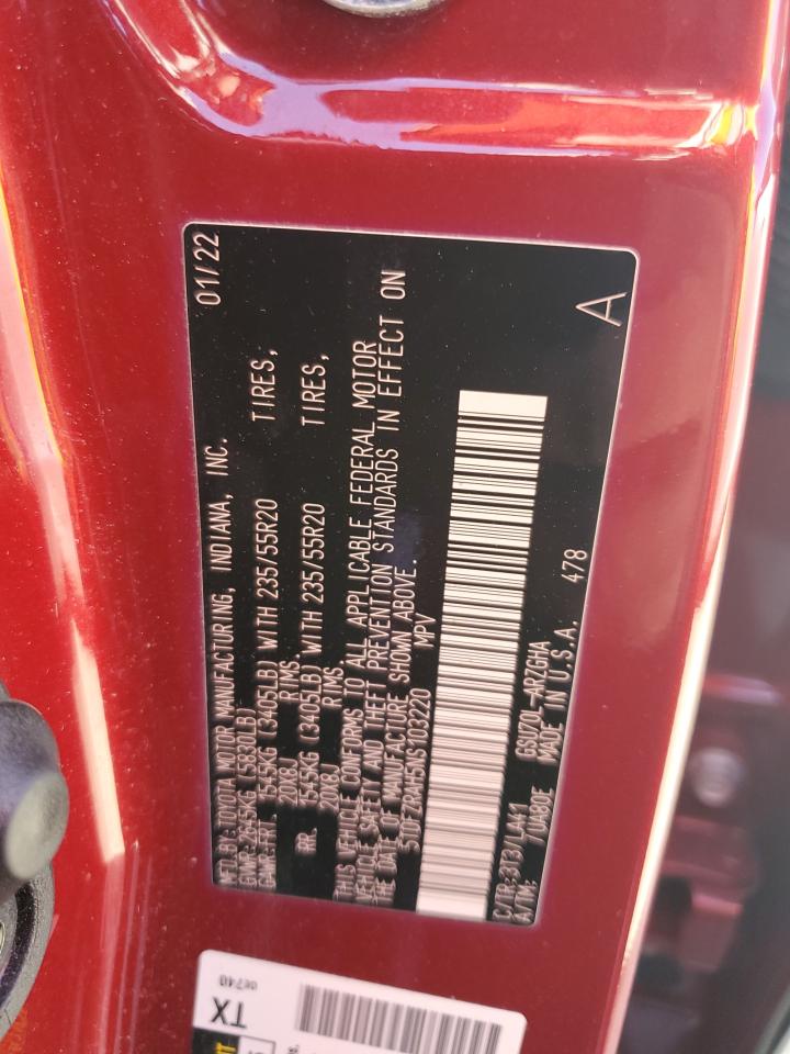 2022 TOYOTA HIGHLANDER PLATINUM VIN:5TDFZRAH5NS103220