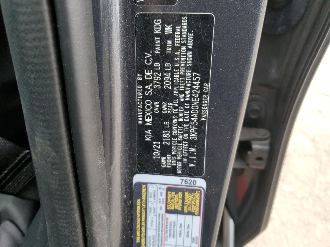 2022 KIA FORTE GT LINE VIN:3KPF54AD0NE424457