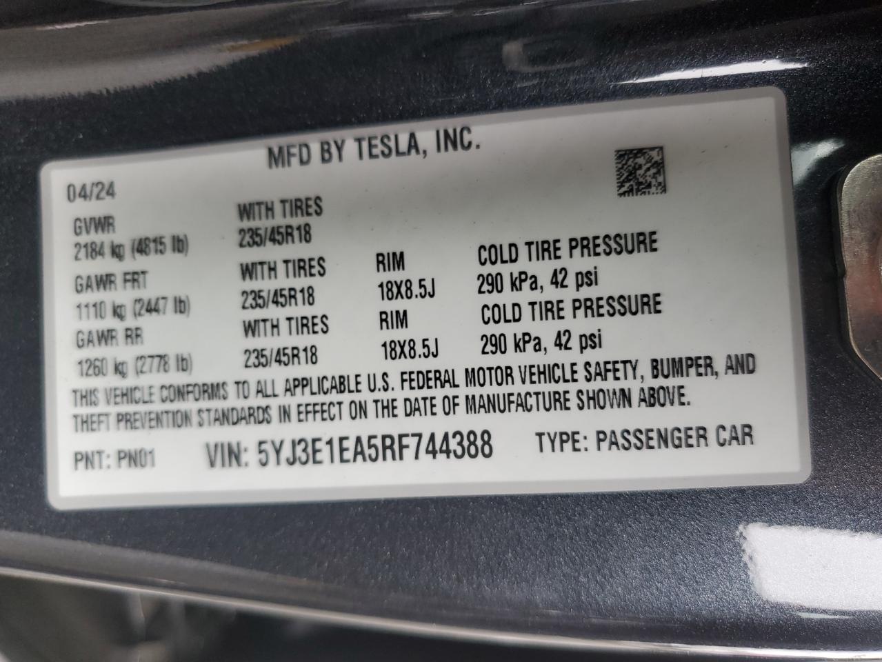 2024 TESLA MODEL 3  VIN:5YJ3E1EA5RF744388
