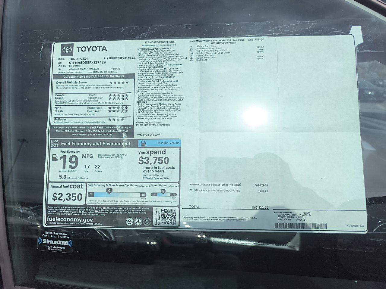 2023 TOYOTA TUNDRA CREWMAX PLATINUM VIN:5TFNA5DB8PX127429