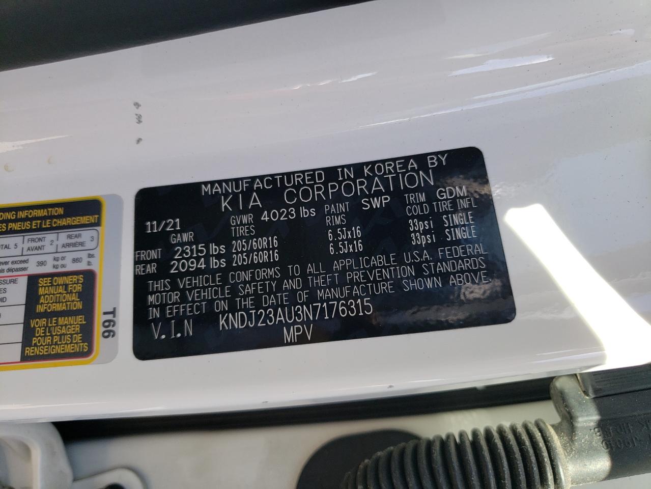 2022 KIA SOUL LX VIN:1C4RJFAG9CC133460