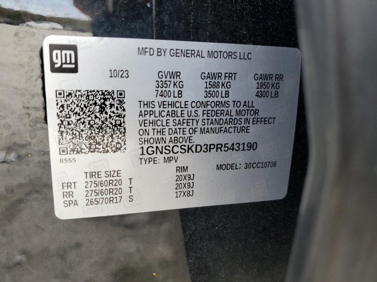 2023 CHEVROLET TAHOE C1500 PREMIER VIN:1GNSCSKD3PR543190