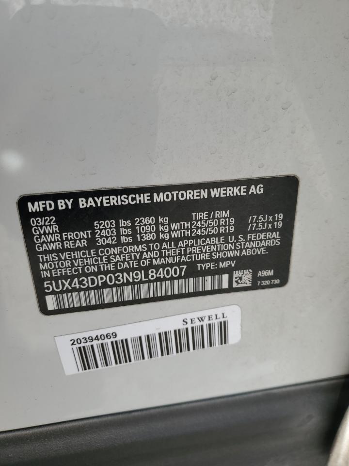 2022 BMW X3 SDRIVE30I VIN:5UX43DP03N9L84007