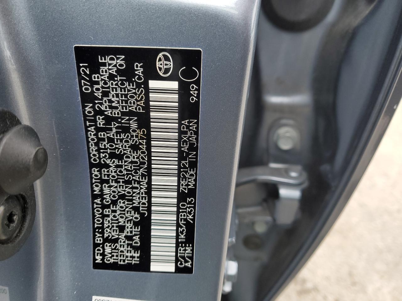 2022 TOYOTA COROLLA LE VIN:JTDEPMAE7NJ204475
