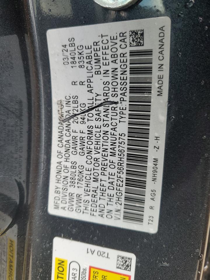 2024 HONDA CIVIC SPORT VIN:2HGFE2F56RH567575