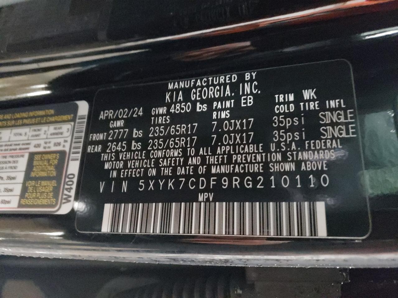 2024 KIA SPORTAGE X-PRO VIN:5XYK7CDF9RG210110