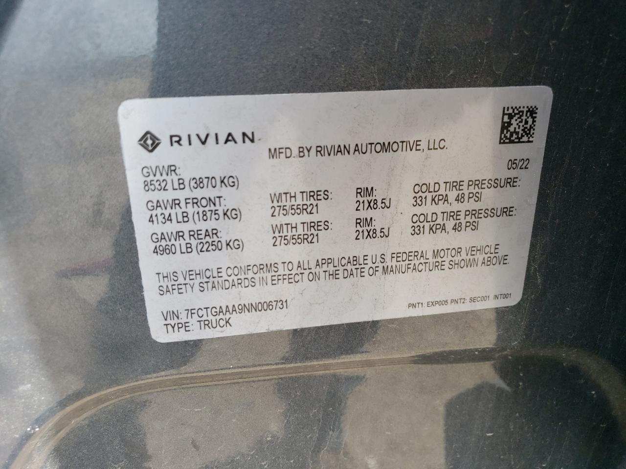 2022 RIVIAN R1T ADVENTURE VIN:7FCTGAAA9NN006731