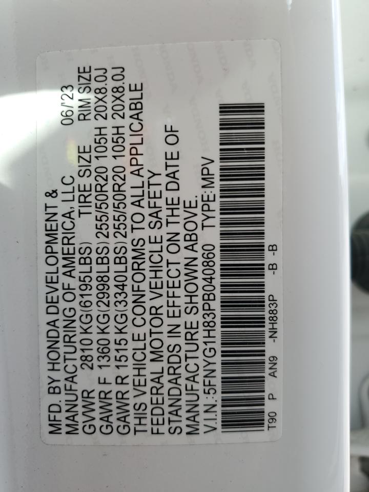 2023 HONDA PILOT ELITE VIN:5FNYG1H83PB040860