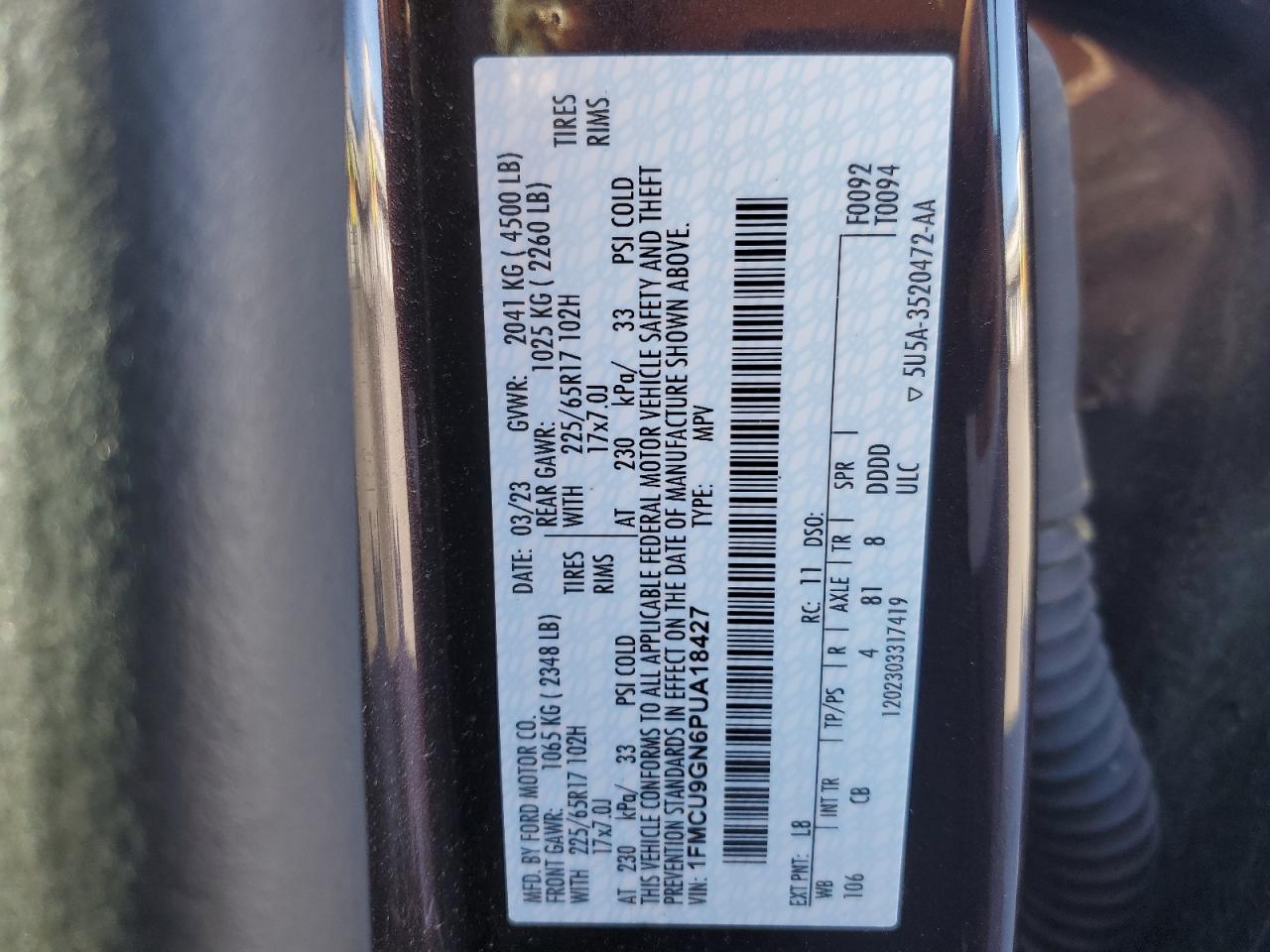 2023 FORD ESCAPE ACTIVE VIN:1FMCU9GN6PUA18427