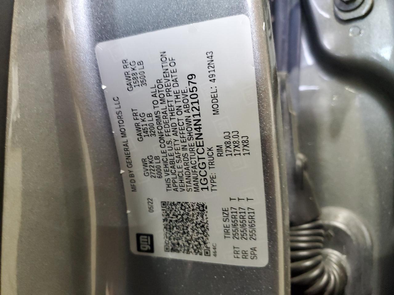 2022 CHEVROLET COLORADO LT VIN:1GCGTCEN4N1210579