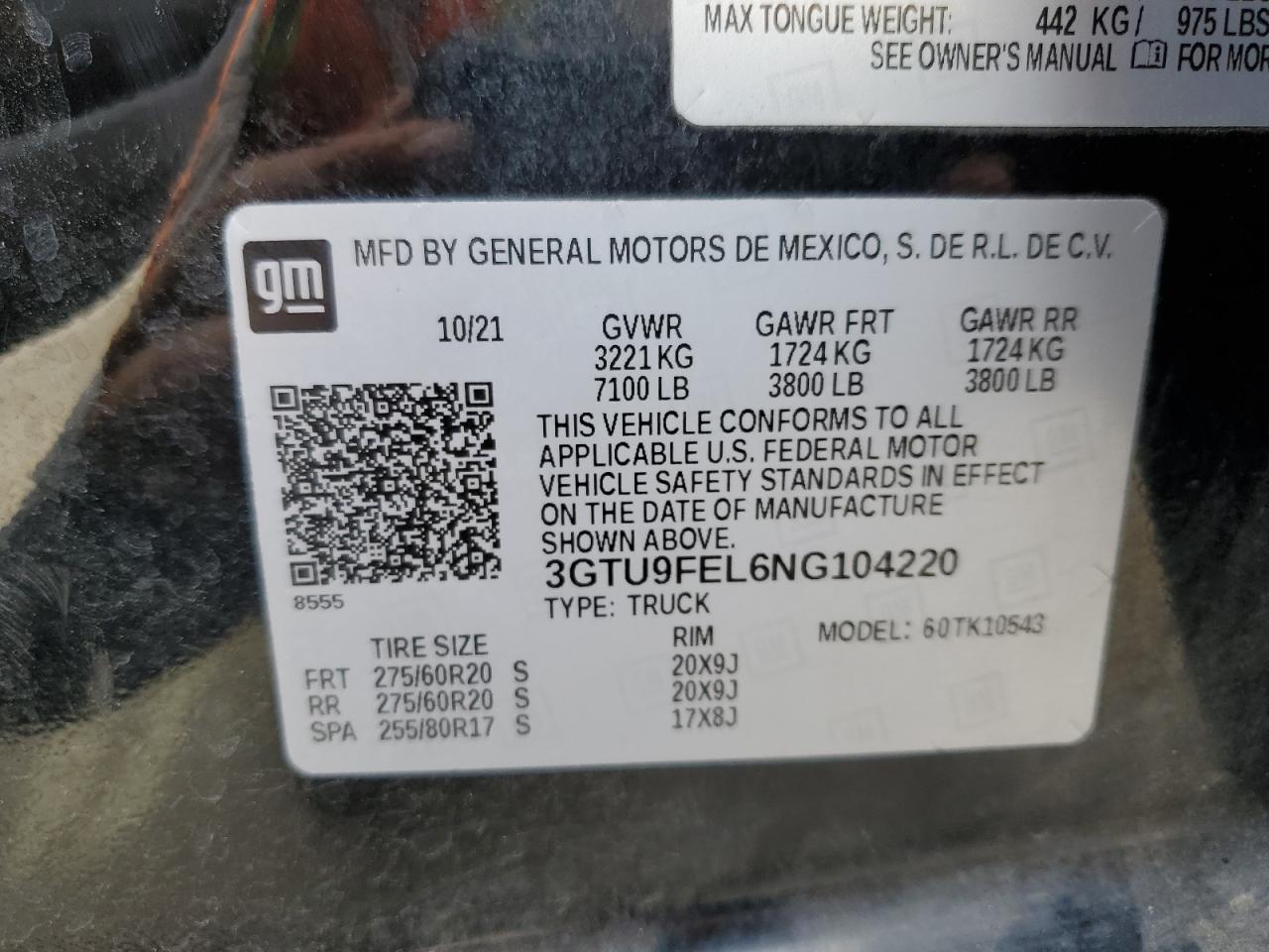 2022 GMC SIERRA LIMITED K1500 DENALI VIN:3GTU9FEL6NG104220