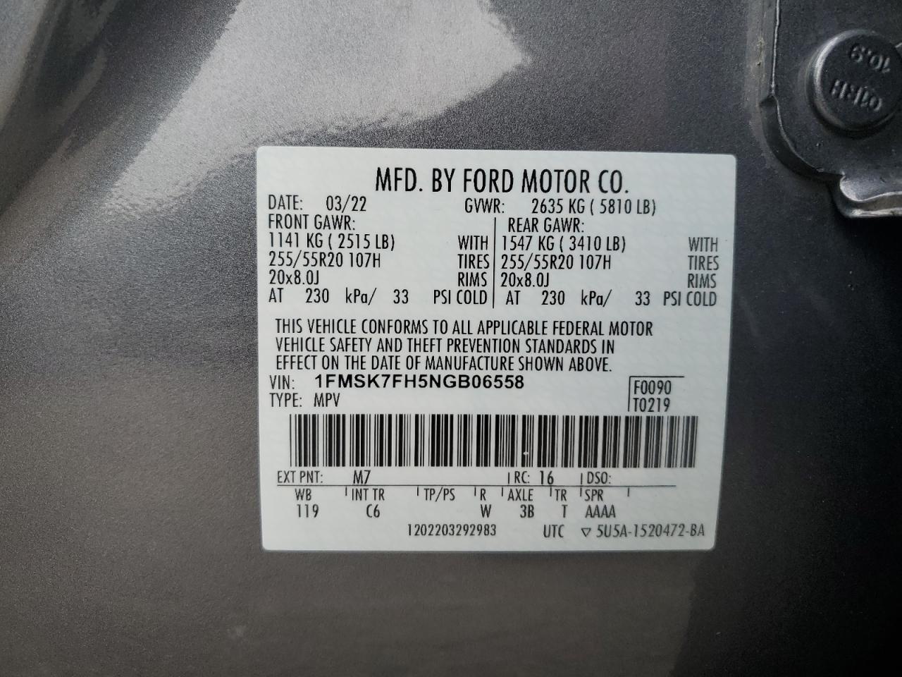 2022 FORD EXPLORER LIMITED VIN:1FMSK7FH5NGB06558