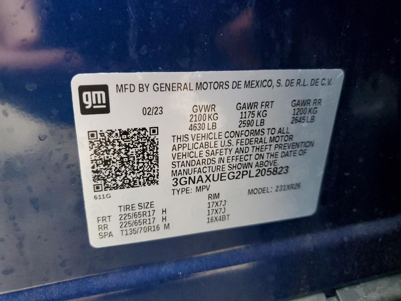 2023 CHEVROLET EQUINOX LT VIN:3GNAXUEG2PL205823