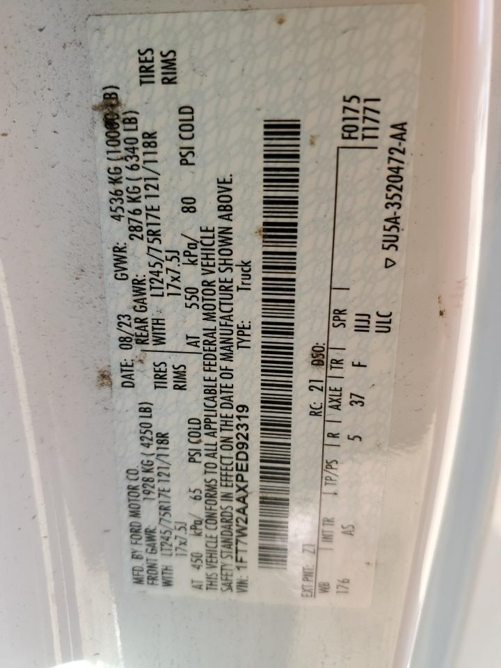 2023 FORD F250 SUPER DUTY VIN:1FT7W2AAXPED92319