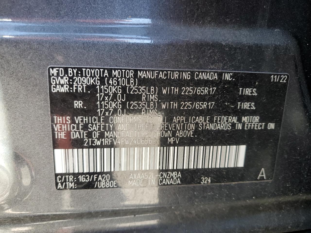 2023 TOYOTA RAV4 XLE VIN:2T3W1RFV4PW240656