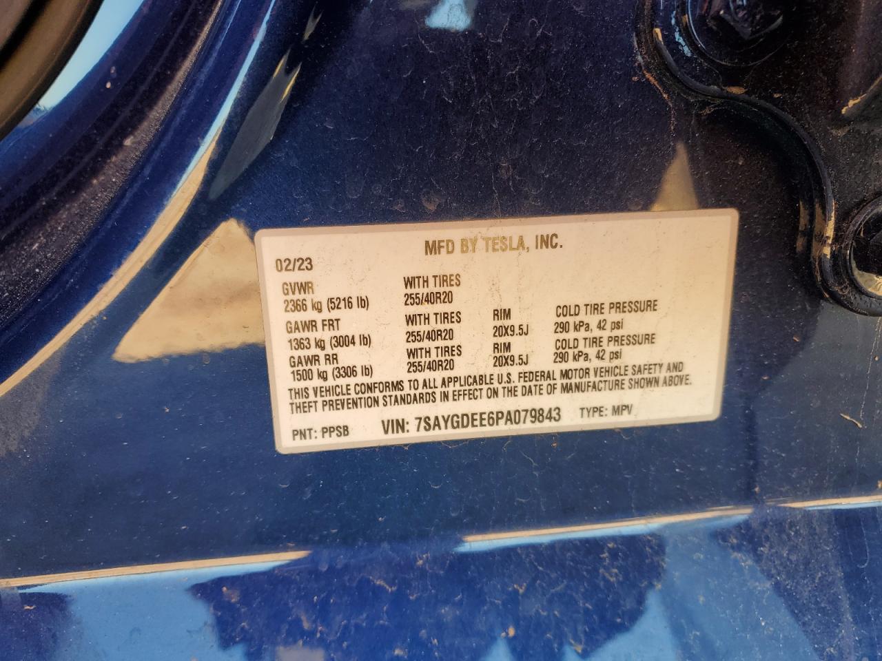 2023 TESLA MODEL Y  VIN:7SAYGDEE6PA079843