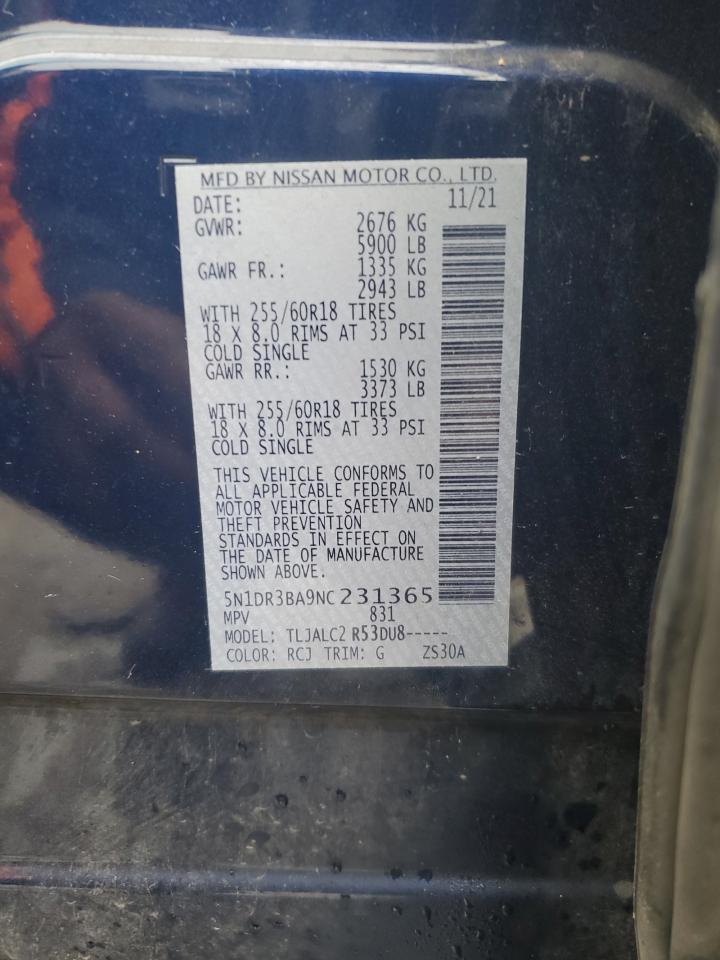 2022 NISSAN PATHFINDER SV VIN:5N1DR3BA9NC231365