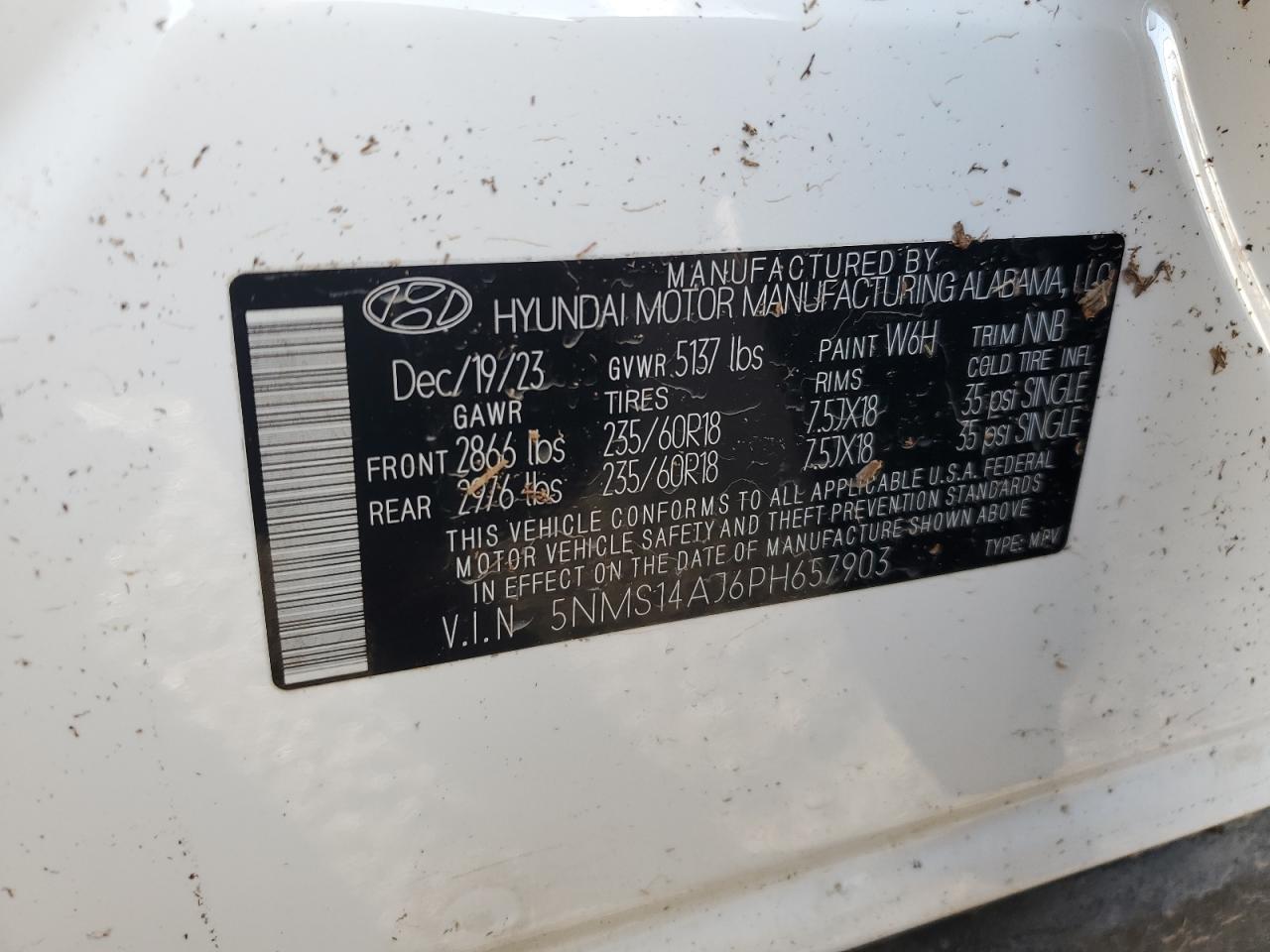 2023 HYUNDAI SANTA FE SE VIN:5NMS14AJ6PH657903