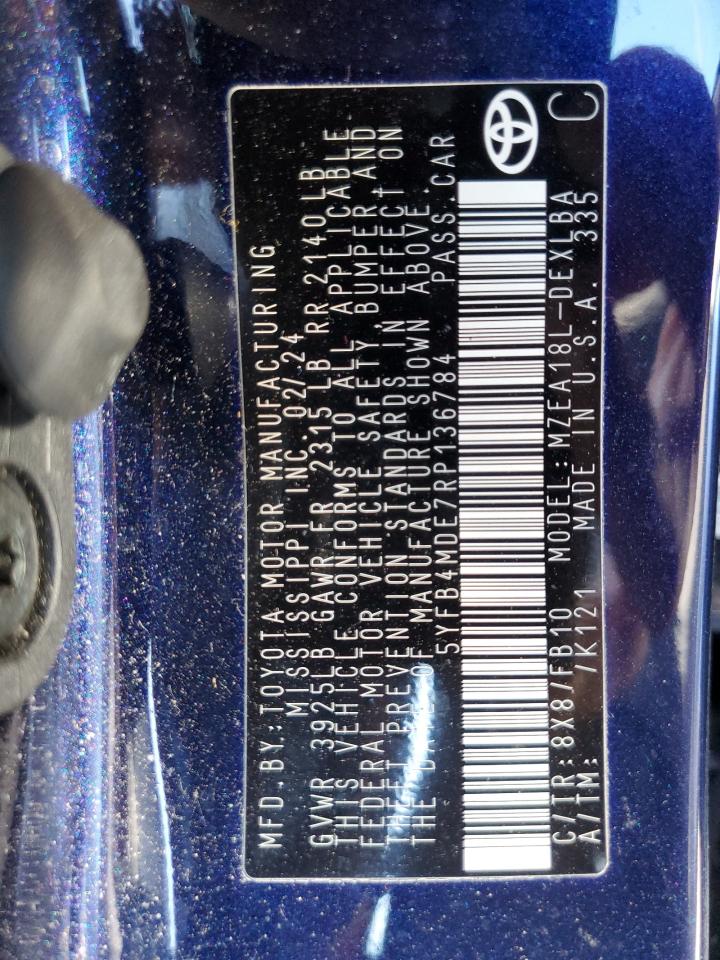 2024 TOYOTA COROLLA LE VIN:5YFB4MDE7RP136784