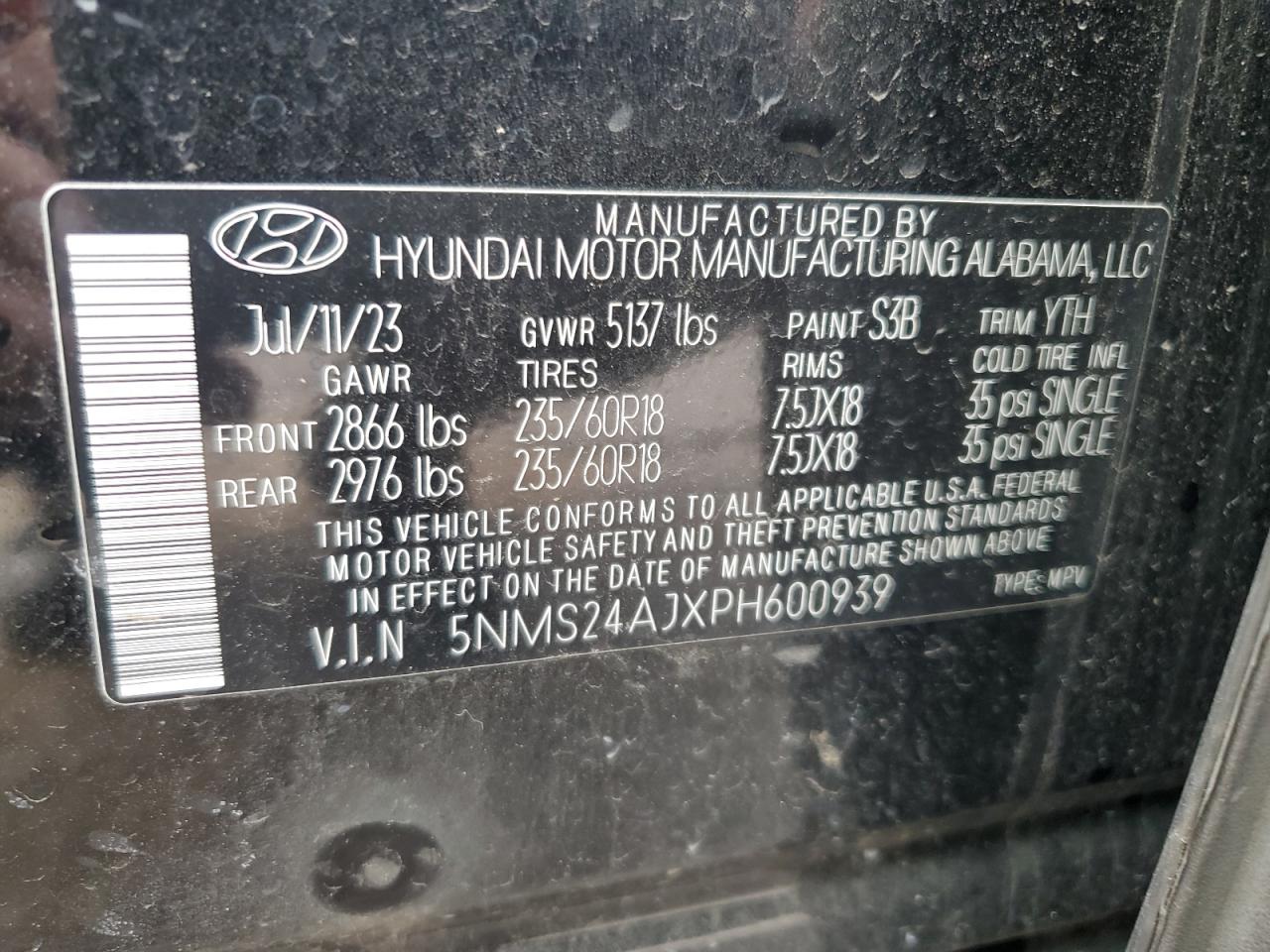 2023 HYUNDAI SANTA FE SEL VIN:5NMS24AJXPH600939