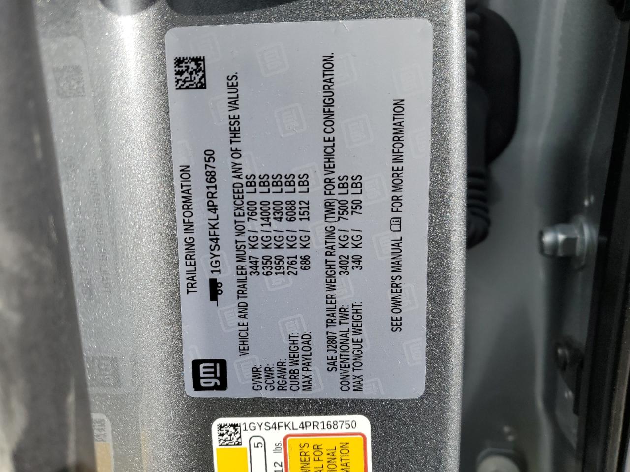 2023 CADILLAC ESCALADE SPORT VIN:1GYS4FKL4PR168750