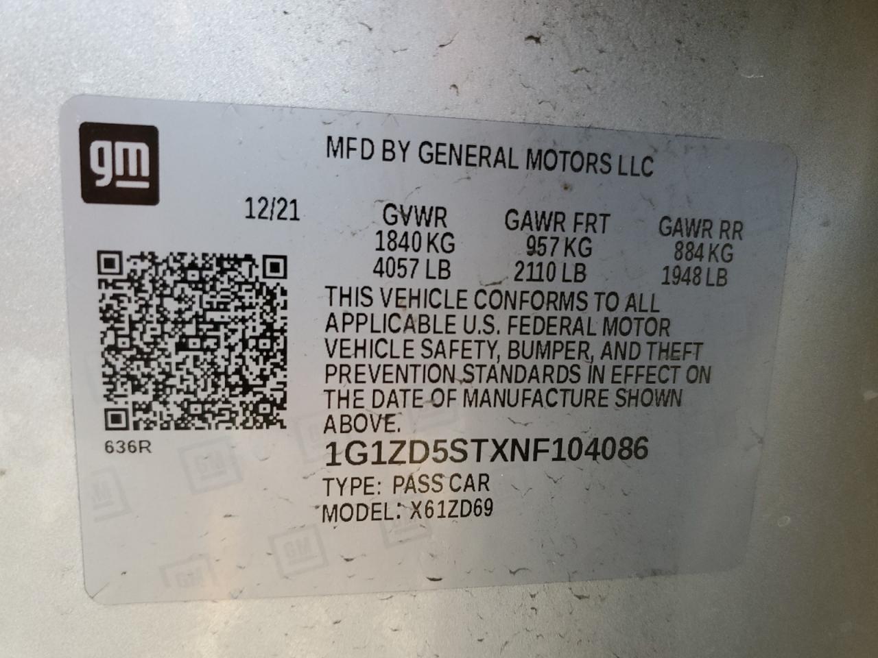 2022 CHEVROLET MALIBU LT VIN:1G1ZD5STXNF104086