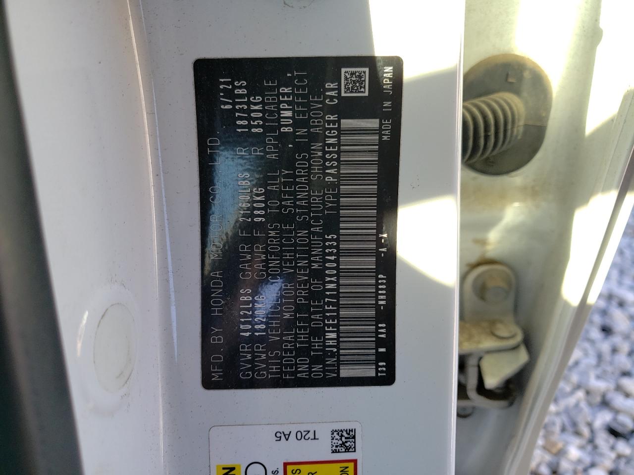 2022 HONDA CIVIC EX VIN:JHMFE1F71NX004335