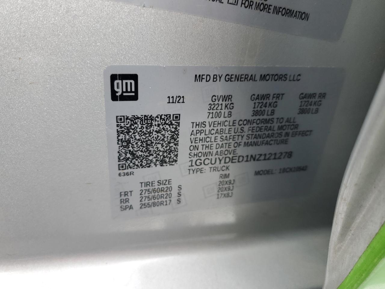 2022 CHEVROLET SILVERADO LTD K1500 LT VIN:1GCUYDED1NZ121278