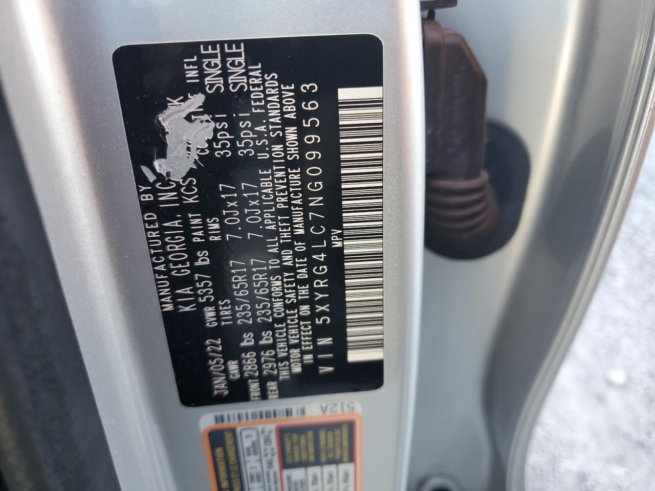 2022 KIA SORENTO LX VIN:5XYRG4LC7NG099563