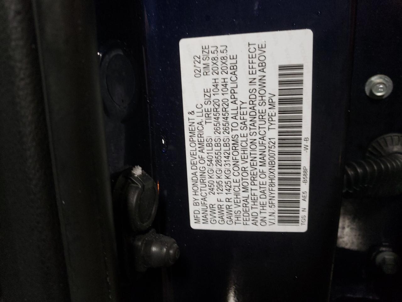 2022 HONDA PASSPORT ELITE VIN:5FNYF8H0XNB007521