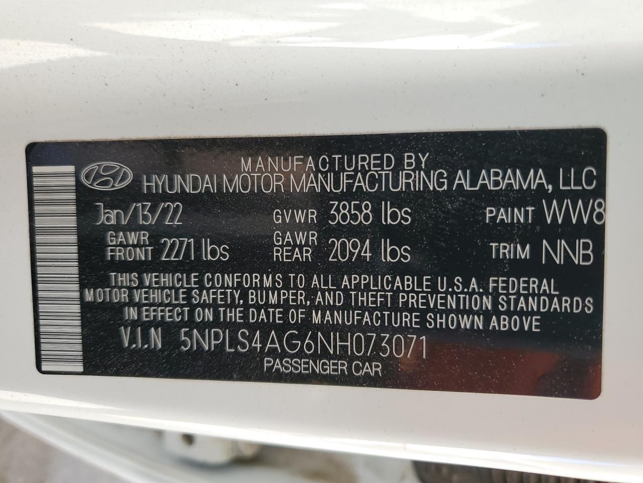 2022 HYUNDAI ELANTRA SEL VIN:5NPLS4AG6NH073071